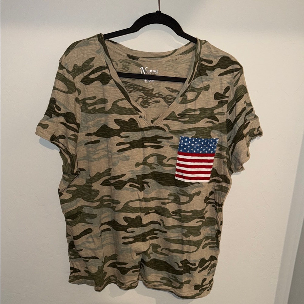Natural Reflections Camouflage Tee in Green and Tan with flag pocket